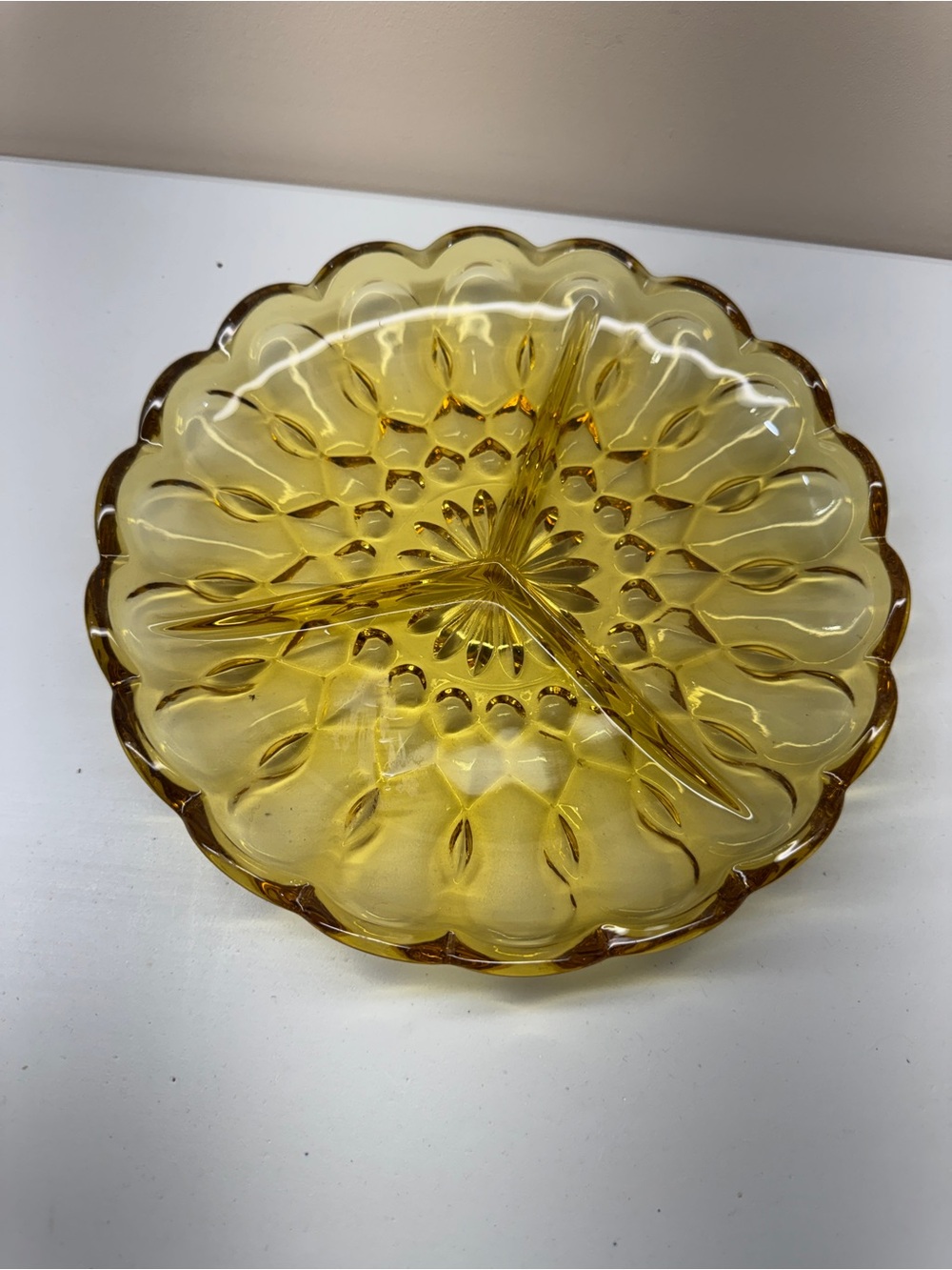 Amber Scalloped Art Glass Divided Serving Dish